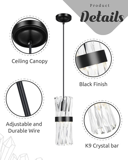 Ken & Ricky Crystal Pendant Light 3 Pack,Black Industrial Island Lights for Kitchen, Hanging Light Fixture, Adjustable Small Chandelier for Dinning Room Bathroom Bedroom