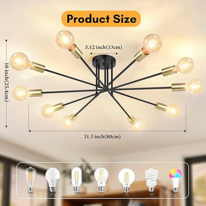 Semi Flush Mount Ceiling Light Fixture, 10-Light Modern Black and Gold Sputnik Chandelier Industrial Ceiling Lamp for Kitchen Dining Room Living Room Bedroom Foyer