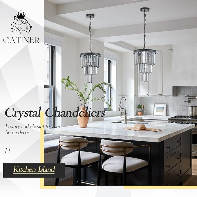 CATINER 3 Tiers Black Crystal Pendant Light, Mini Smoke Gray K9 Crystal Chandelier Modern Pendant Light Fixture for Kitchen Island Dining Room Hallway Bedroom Closet