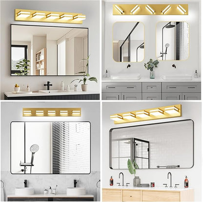 IZORRO LED Modern Bathroom Lights Fixtures(5-Light,Dimmable,360°Rotate),Brushed Glod Acrylic Wall Lighting,Vanity Lights for Bathroom Over Mirror - 6000k 30In （No Assembly Required）