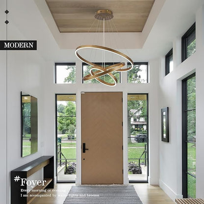 LED 3-Ring Chandelier Gold Dimmable Modern Pendant Light with Remote Control Vintage Brass LED Circle Chandelier for Dining Room Entry Foyer Bedroom Living Room,75W