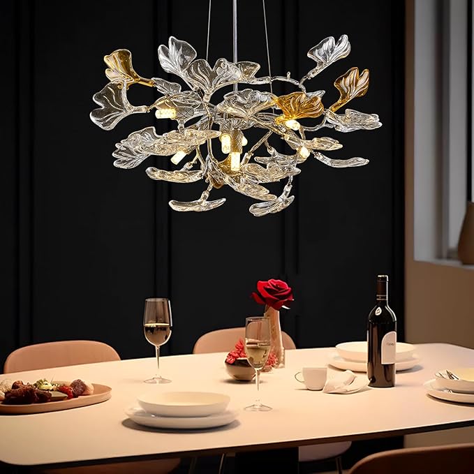 AioTio Black Modern Chandeliers for Dining Room, D21.6'' Round Tree Branch Glass Ginkgo Leaf Farmhouse Chandelier,Silver Art Deco Ceiling Hanging Chandelier for Living Room,Entryway,Foyer,Kitchen