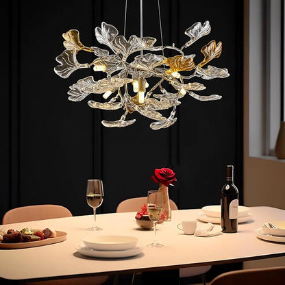 AioTio Black Modern Chandeliers for Dining Room, D21.6'' Round Tree Branch Glass Ginkgo Leaf Farmhouse Chandelier,Silver Art Deco Ceiling Hanging Chandelier for Living Room,Entryway,Foyer,Kitchen