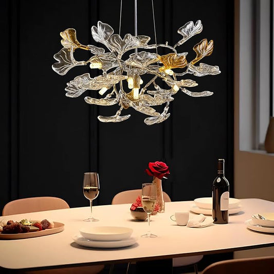 AioTio Black Modern Chandeliers for Dining Room, D21.6'' Round Tree Branch Glass Ginkgo Leaf Farmhouse Chandelier,Silver Art Deco Ceiling Hanging Chandelier for Living Room,Entryway,Foyer,Kitchen