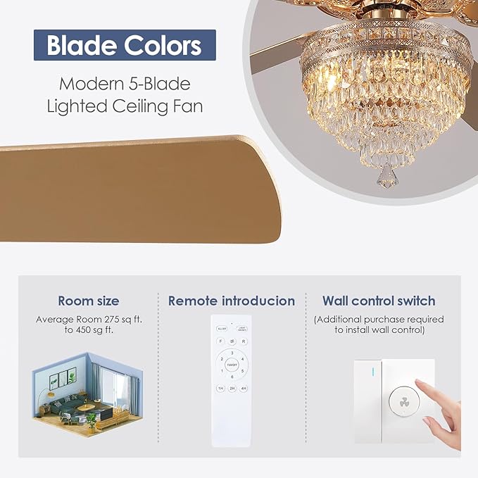 Asyko 62" Golden Crystal Ceiling Fan Fandelier with Lights - Modern Chandelier Fans with Remote Control，Noiseless DC Motor, Retro/Farmhouse Lighting, Dining Room,Living Room
