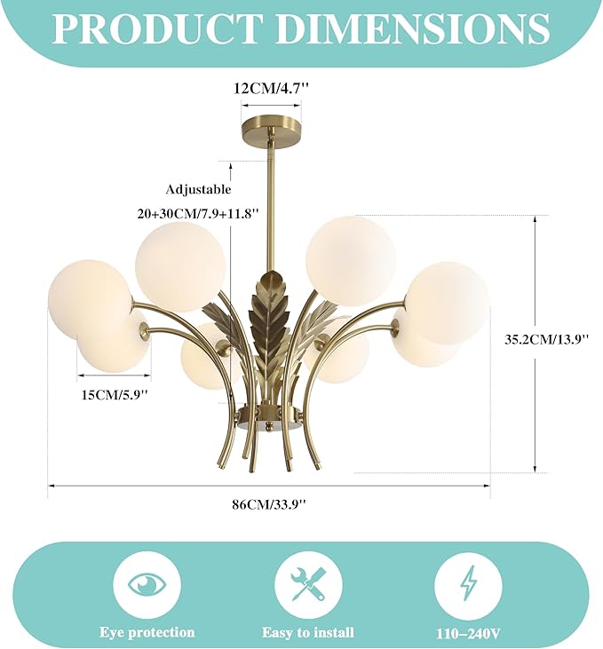 BOKT Gold Semi Flush Mount Ceiling Light Fixture 8 Ball Brass Milk Glass Sphere Sputnik Farmhouse Chandelier Hanging Kitchen Lights for Bedroom Living and Dining Room