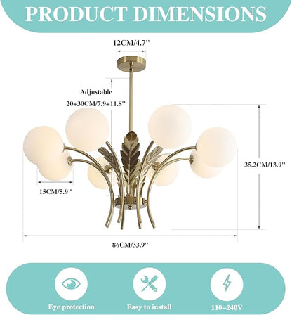 BOKT Gold Semi Flush Mount Ceiling Light Fixture 8 Ball Brass Milk Glass Sphere Sputnik Farmhouse Chandelier Hanging Kitchen Lights for Bedroom Living and Dining Room