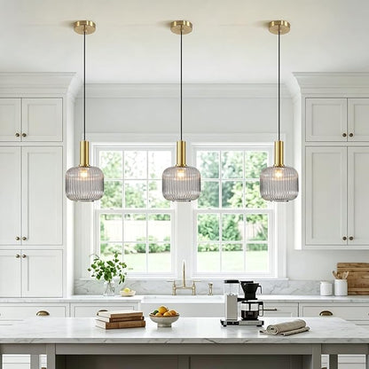 KCO Lighting Mid Century Smoke Glass Pendant Light Antique Brass Kitchen Island Pendant Lighting Modern Striped Glass Globe Hanging Light Large Industrial Pendant Light Fixture