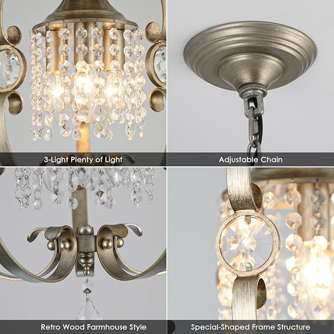 Antique Silver K9 Crystal Chandelier for Dining Room, 3-Light 14 Inch Rustic Flush Mount Ceiling Light Fixture,Vintage Bronze Hanging Pendant Lighting for Kitchen Island,Living Rooms, Foyer