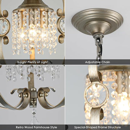 Antique Silver K9 Crystal Chandelier for Dining Room, 3-Light 14 Inch Rustic Flush Mount Ceiling Light Fixture,Vintage Bronze Hanging Pendant Lighting for Kitchen Island,Living Rooms, Foyer