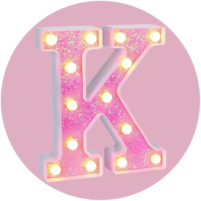 Foaky LED Letter Lights Sign Light Up Pink Letters Glitter Alphabet Letter Sign for Night Light Wedding/Birthday Party Battery Powered Christmas Lamp Girls Gifts Home Bar Decoration（K）