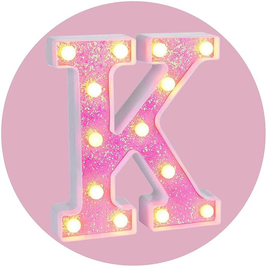 Foaky LED Letter Lights Sign Light Up Pink Letters Glitter Alphabet Letter Sign for Night Light Wedding/Birthday Party Battery Powered Christmas Lamp Girls Gifts Home Bar Decoration（K）