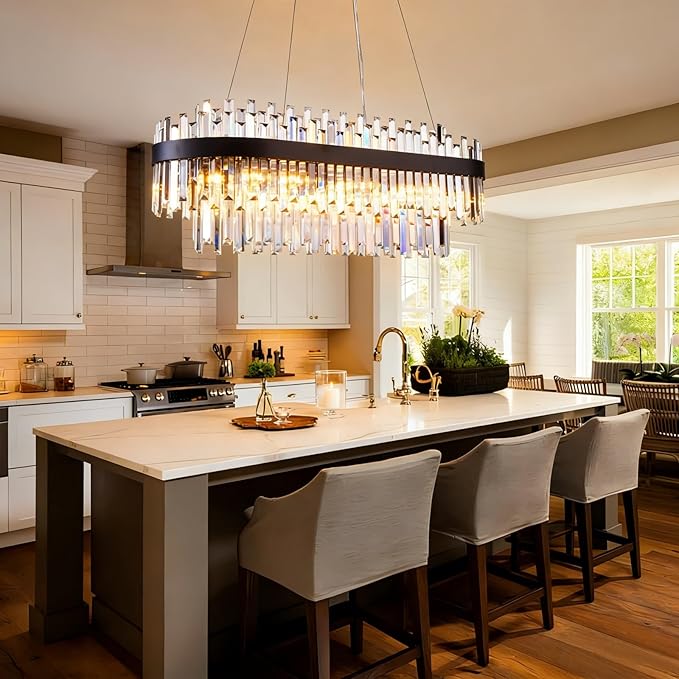 Black Crystal Chandelier for Dining Room, 35.4" Modern Luxury 2-Tier K9 Crystal Oval Chandelier, 10-Light E12 Base Pendant Light Fixture, Height Adjustable for Kitchen Island Living Room