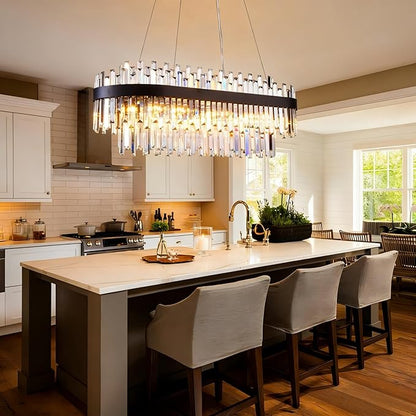 Black Crystal Chandelier for Dining Room, 35.4" Modern Luxury 2-Tier K9 Crystal Oval Chandelier, 10-Light E12 Base Pendant Light Fixture, Height Adjustable for Kitchen Island Living Room
