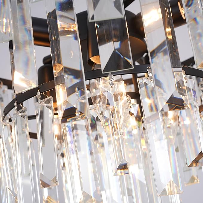 Modern Black Crystal Chandelier, 18" Round Chandeliers for Dining Room 4-Tier 6 Lights Luxury Top K9 Crystal Ceiling Pendant Light Fixture for Foyer Bedroom Closet