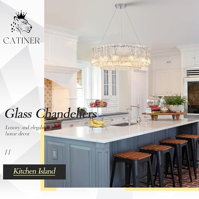 Modern 24” Chrome Chandeliers 10-Light Crystal Glass Round Chandelier Luxury Drum Ceiling Pendant Light Fixtures 2 Tiers Hanging Lighting for Dining Room Foyer Living Room Bedroom