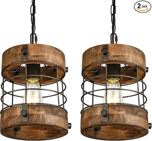 Retro Industrial Metal and Wood Farmhouse Chandeliers, 1-Light Round Cage Pendant Light Fixtures for Farmhouse Kitchen Island Foyer Hallway Bar Dining Room Restaurant, Brown, 2 Pack