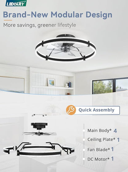 LEDIARY Ceiling Fans with Lights and Remote, 24'' Low Profile Ceiling Fan with Light, 3000-6000K Dimmable Fandelier Ceiling Fans, Modern Flush Mount Fan Light for Bedroom with 6 Wind Speeds- Black