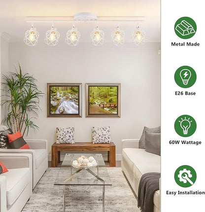 Baocuz 6-Lights White Semi Flush Mount Ceiling Light with Geometric Metal Cage, Modern Kitchen Track Lighting Fixtures Ceiling, Rotatable Close to Ceiling lamp for Entryway, Living Room, Hallway