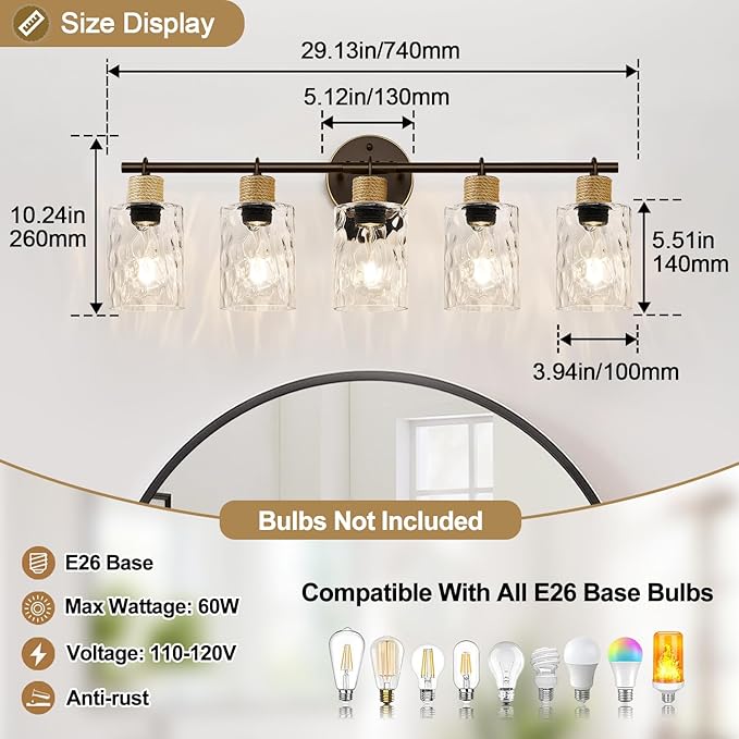 MOKATNG Bathroom Light Fixtures, 5-Light Coastal Vanity Lights with Crystal Glass Shade, Oil-Rubbed Bronze Bathroom Wall Lamp for Mirror Kitchen Hallway Cabinet