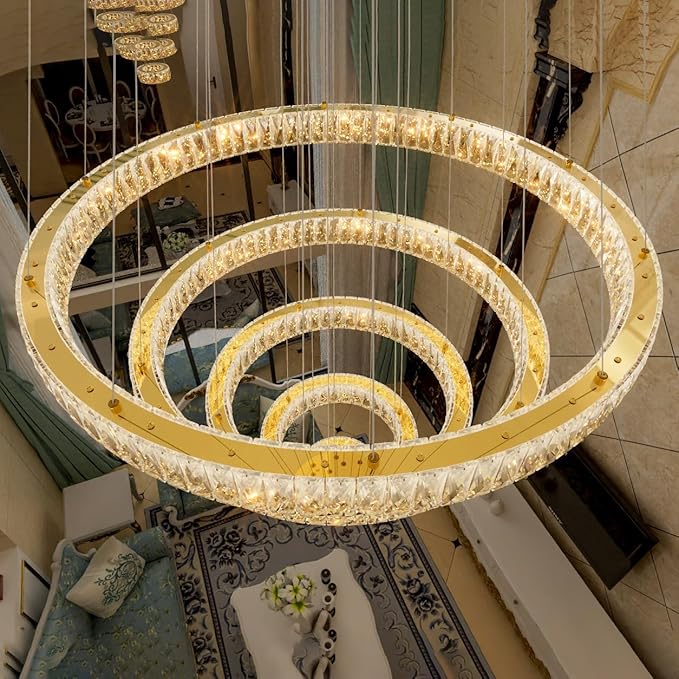 HAIXIANG 5-Rings Modern Chandelier with LED Dimmable Lights Crystal High Ceiling Chandeliers Lighting for Living Room Foyer Entryway Luxury Indoor Light Gold Fixtures