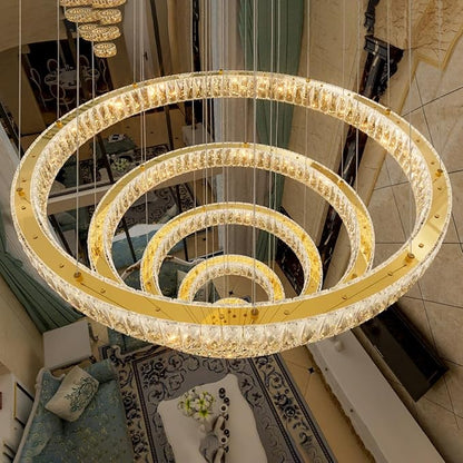 HAIXIANG 5-Rings Modern Chandelier with LED Dimmable Lights Crystal High Ceiling Chandeliers Lighting for Living Room Foyer Entryway Luxury Indoor Light Gold Fixtures