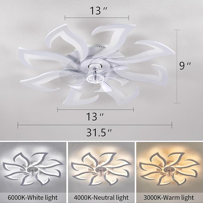 32" White Modern 8-Head Geometric Ceiling Fan with Lights Remote Control, Low Profile Ceiling Fan with Light for Kitchen Bedroom Living Room