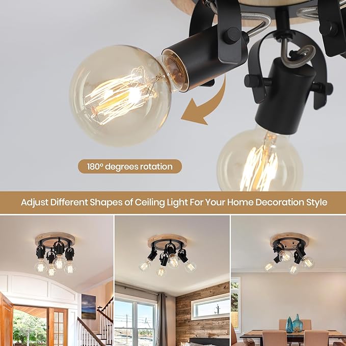 4-Light Round Flush Mount Ceiling Light，Adjustable Farmhouse Kitchen Track Light with Wood Base, Multi-Directional Dining Room Light for Island Hallway Entryway Bedroom.