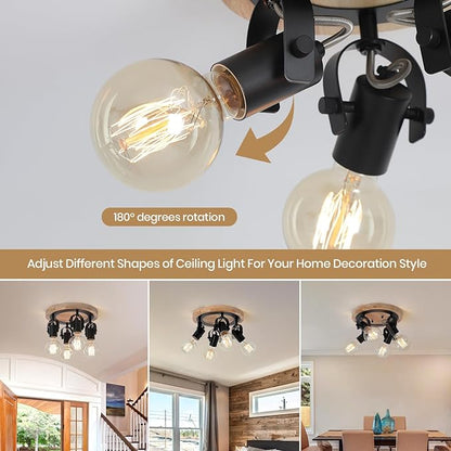 4-Light Round Flush Mount Ceiling Light，Adjustable Farmhouse Kitchen Track Light with Wood Base, Multi-Directional Dining Room Light for Island Hallway Entryway Bedroom.