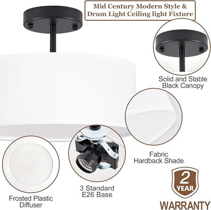 Bargeni Semi Flush Mount Ceiling Light,13 inch Modern 3-Light Ceiling Light Fixture,Black Semi Flush Mount Light Fixture,Flush Mount Lighting for Bedroom,Dinning Room and Hallway