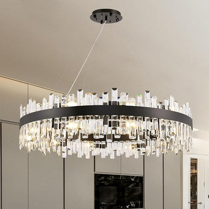 20-Light Modern Large Crystal Chandelier Black Round 2-Tiers Raindrop Chandelier Luxury Flush Mount Hanging Ceiling Light for Dining Living Room Entryway Foyer Stairway D39.4''