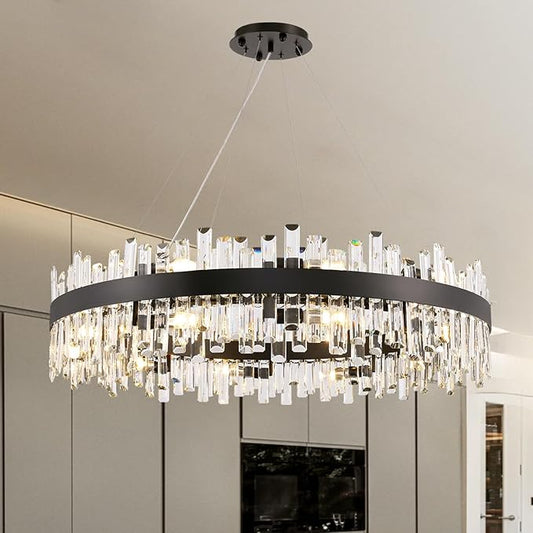 20-Light Modern Large Crystal Chandelier Black Round 2-Tiers Raindrop Chandelier Luxury Flush Mount Hanging Ceiling Light for Dining Living Room Entryway Foyer Stairway D39.4''