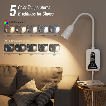 Wall Mounted Reading Light for Bed, Headboard Light with 360° Flexible Arm, Hand Wave Sensor, Focused 60° Beam, 5 Color Temperatures, Stepless Dimming, Memory Function, USB-C Output, White 2 Pack