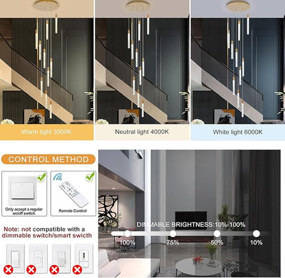 GEADI Modern LED High Ceiling Chandelier with Remote Control,10 Lights Crystal Foyer Chandeliers for High Ceilings,Gold Dimmable Long Pendant Light for Staircase Entryway Living Room