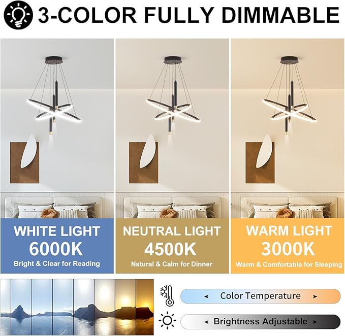 ORANOOR LED Black Modern Chandeliers for Dining Room Bedrooms Living Room, Dimmable 24in 5250lm Kitchen Pendant Lamp Dining Room Light Fixtures Ceiling Hanging Over Table, 2 Ring Round Chandeliers