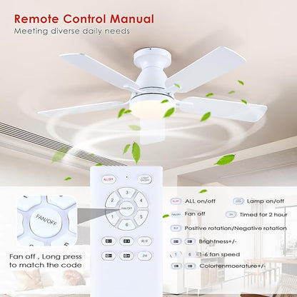 Mpayel 46 Inch Ceiling Fans with Lights and Remote, White Ceiling Fan with Light Flush Mount, Low Noise, Reversible, Dimmable, Modern Low Profile Ceiling Fan with Light for Bedroom Indoor Outdoor