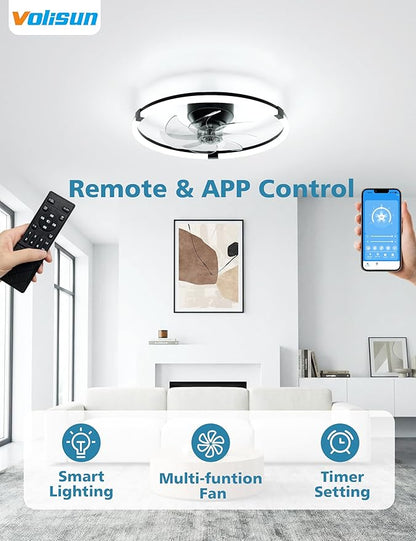 VOLISUN Low Profile Ceiling Fan with Lights and Remote, 19.7in Bladeless Ceiling Fans with Light Flush Mount, Dimmable Modern LED Fan Light, Black Fandelier Ceiling Fans for Bedroom,Living Room