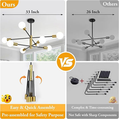 BesLowe 31‘’ 8-Light Modern Sputnik Chandelier, Mid Century Black & Gold Chandeliers Lighting, Farmhouse Ceiling Hanging Light Fixture for Dining Room Bedroom Room Kitchen Foyer, Height Adjustable