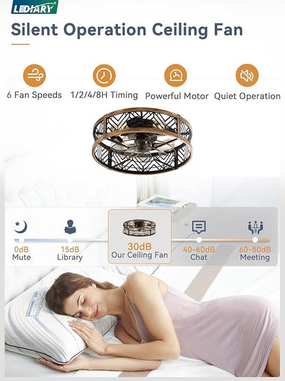 LEDIARY 20" Caged Ceiling Fan with Light, Small Flush Mount, App&Remote Control, Low Profile Bladeless Fan Light Fixture 6 Speed, Reversible and Quiet Motor-Black Gold