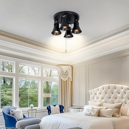 4-Light Industrial Track Lighting with Pull Chain On/Off Switch, Adjustable Round Kitchen Ceiling Light, Morden Black Flush Mount Directional Light for Kitchen, Hallway, Dining Room.