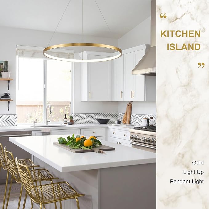 Brushed Gold LED Ring Chandelier 1-Ring 24" Remote Control Dimmable Flush Mount Pendant Chandelier for Dinning Room Office Kitchen Living Room,3000-6500K