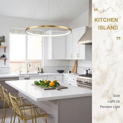 Brushed Gold LED Ring Chandelier 1-Ring 24" Remote Control Dimmable Flush Mount Pendant Chandelier for Dinning Room Office Kitchen Living Room,3000-6500K