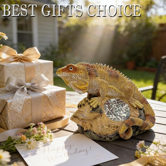 Solar Iguana Garden Statues Decor for Outdoor, Khaki Iguana Figurine Lights for Lawn Patio Yard Decoration - Unique Christmas Housewarming Gifts for Grandma Wowen Mom