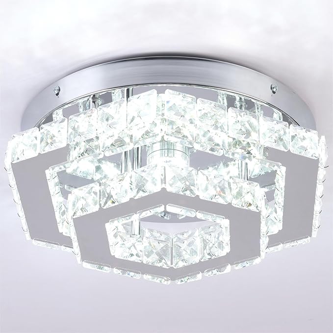 Modern LED Chandelier Flush Mount Ceiling Light Fixture Crystal Chandeliers for Living Room Bedroom Dining Kitchen (6500K Cool White)