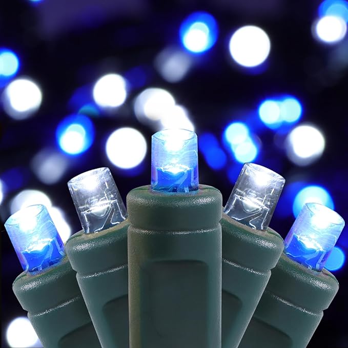 100 LED 5MM Blue and Cool White Christmas Lights, 33FT Indoor/Outdoor String Light, Mini Lights for Garden, Patio, Christmas Trees - Green Wire, Commercial Grade, UL Listed