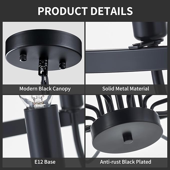 39.4“ Industrial Black Chandelier Rustic Vintage 18-Lights Candle Style Chandeliers Light Fixture Large Retro Black Chandelier for Dining Room, Kitchen Island, Living Room, E12