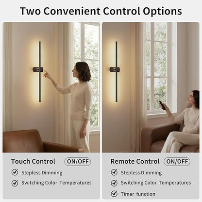 ONEWISH Battery Operated Wall Sconces Set of 2, 27.75" Rechargeable Wall Lights with Remote, 3-Color Dimmable Wireless Sconces for TV Wall Decor, Picture Light, Bedroom, Black