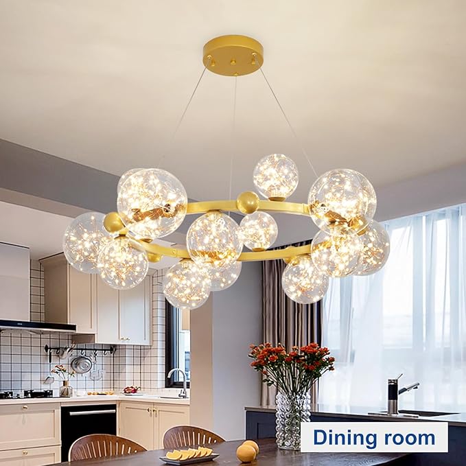 Depuley Sputnik Chandelier Light Fixture: 15-Light Modern Gold Bubble Glass Chandeliers for Dining Room - 39.37" Mid Century Globe Pendant Lighting for Kitchen Island Bedroom Foyer Living Room