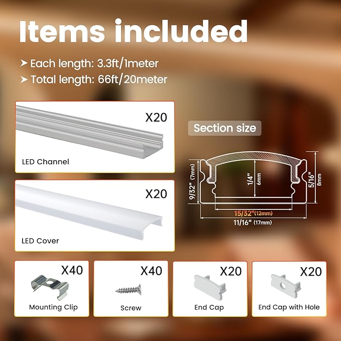 Muzata 20Pack 3.3FT/1M LED Channel Aluminum U Shape Silver LED Strip Diffuser Channel with Milky White Cover Easy Installation U1SW WW 1M
