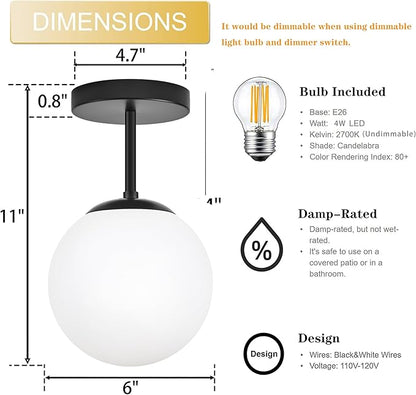 6" Mid Century Modern Globe Semi Flush Mount Ceiling Light Fixture Frosted Glass with Black Finish1-Light Globe Glass Ceiling Lights for Aisle Porch Stairway Closet Kitchen Laundry Room (Bulb Incl.)